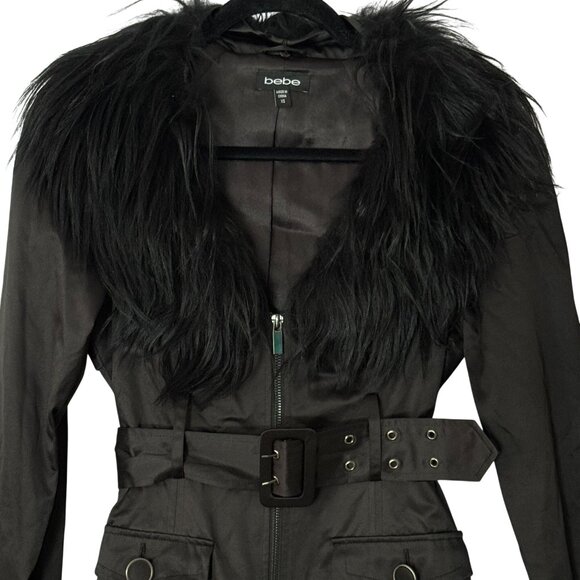 Bebe Black Trench Coat Real Fur Trim Collar Designer Zipper Belt Size XS - Picture 2 of 14
